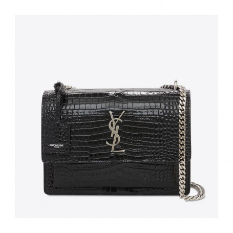 Déstockage sac à rabat yves saint laurent sunset medium en cuir embossé crocodile argent soldes